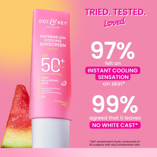 Dot & Key Watermelon Cooling Sunscreen SPF 50+ PA++++ | With Hyaluronic Acid, Instantly Cools Skin, Broad Spectrum Protection | Controls Excess Oil, Checks Tanning, No White Cast, All Skin Types | 50g - Image 4